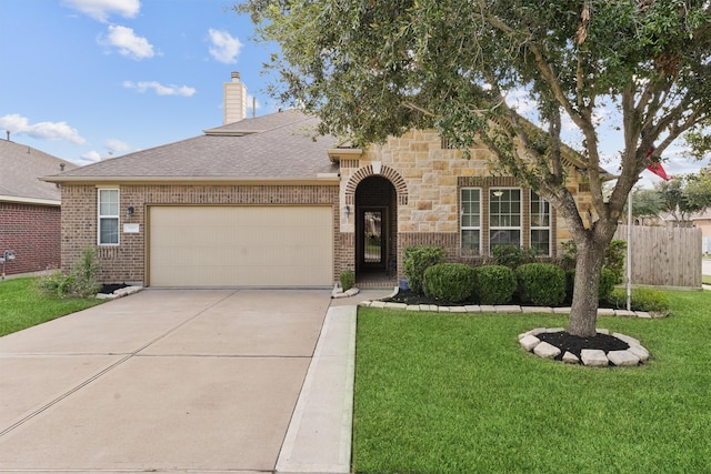 view of front facade with a front yard and a garage