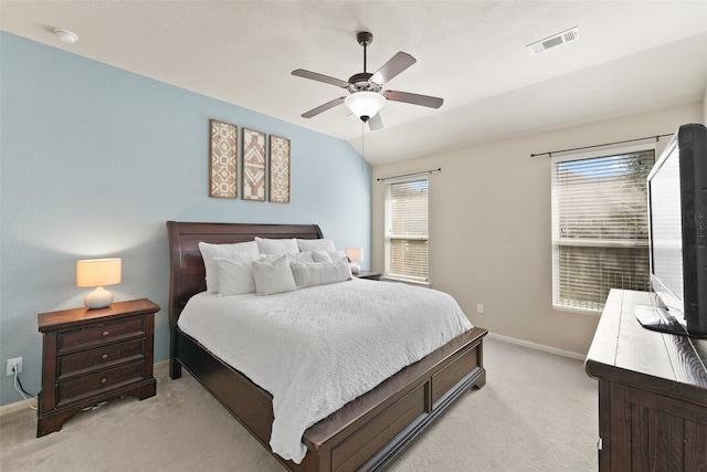 bedroom featuring ceiling fan and light colored carpet