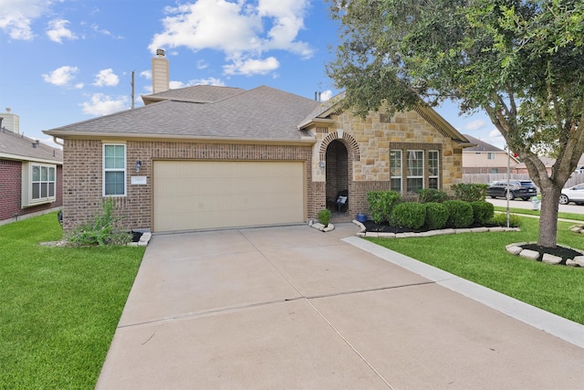 single story home with a front yard and a garage