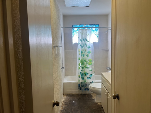 full bathroom with tile patterned flooring, a skylight, toilet, shower / bath combo, and vanity