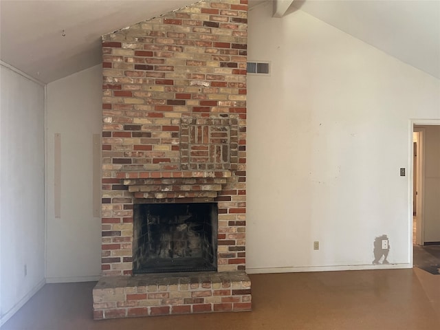 unfurnished living room featuring a brick fireplace and vaulted ceiling