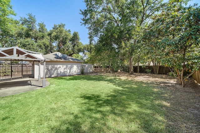 view of yard featuring a storage shed and a patio area