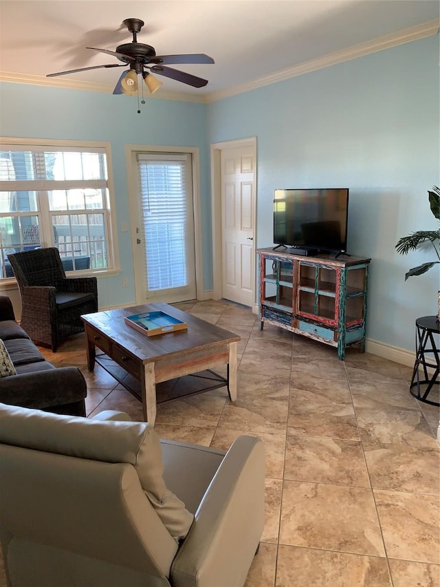 tiled living room featuring ceiling fan and ornamental molding