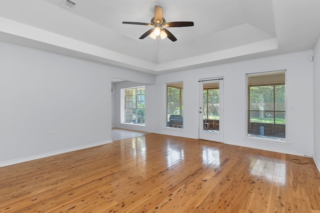 spare room featuring a raised ceiling, light wood-type flooring, a wealth of natural light, and ceiling fan