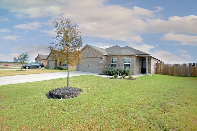 ranch-style house with a garage and a front lawn