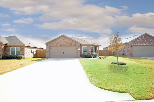 single story home with a front yard and a garage