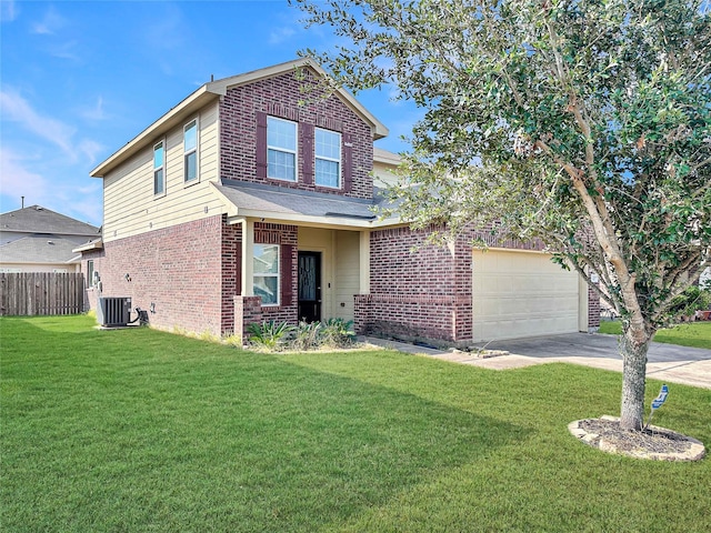 view of front of house featuring central AC, a garage, and a front lawn