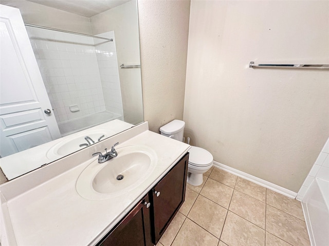 full bathroom with toilet, tiled shower / bath, vanity, and tile patterned floors