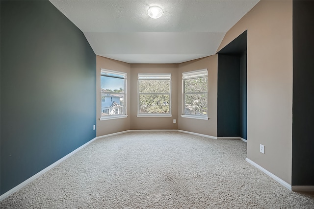 carpeted empty room with vaulted ceiling and a textured ceiling