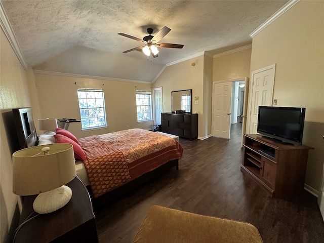 bedroom with a textured ceiling, ceiling fan, vaulted ceiling, ornamental molding, and dark hardwood / wood-style floors