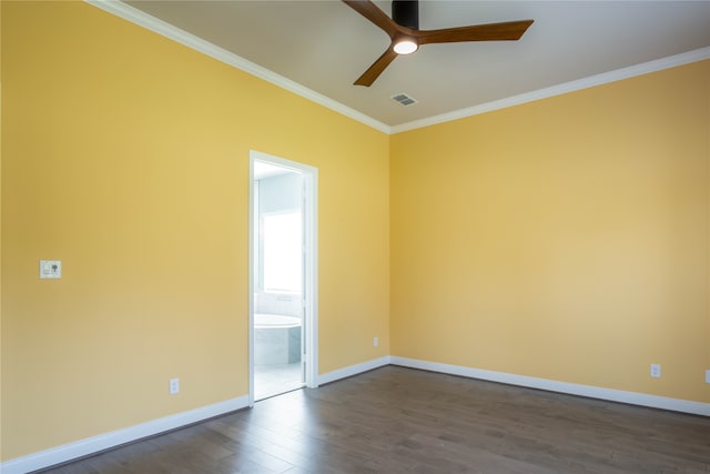 spare room featuring crown molding, hardwood / wood-style floors, and ceiling fan