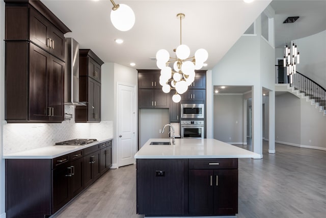 kitchen featuring wall chimney exhaust hood, light hardwood / wood-style flooring, an island with sink, sink, and appliances with stainless steel finishes