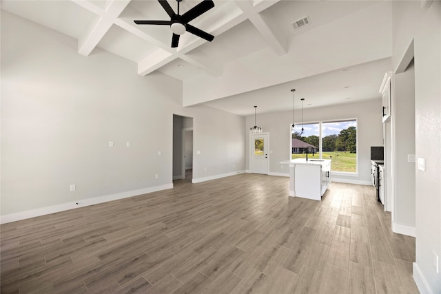 unfurnished living room featuring light wood-type flooring, beamed ceiling, ceiling fan, sink, and coffered ceiling