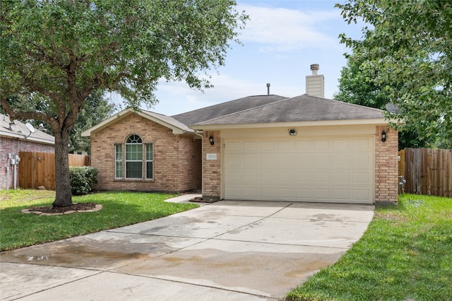 ranch-style home featuring a garage and a front yard