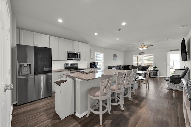 kitchen featuring an island with sink, light stone counters, dark hardwood / wood-style floors, stainless steel appliances, and white cabinets