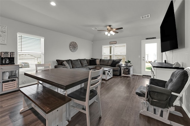 dining space featuring plenty of natural light, dark hardwood / wood-style flooring, and ceiling fan