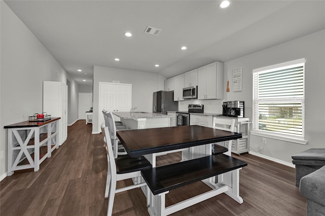 dining space featuring sink and dark wood-type flooring