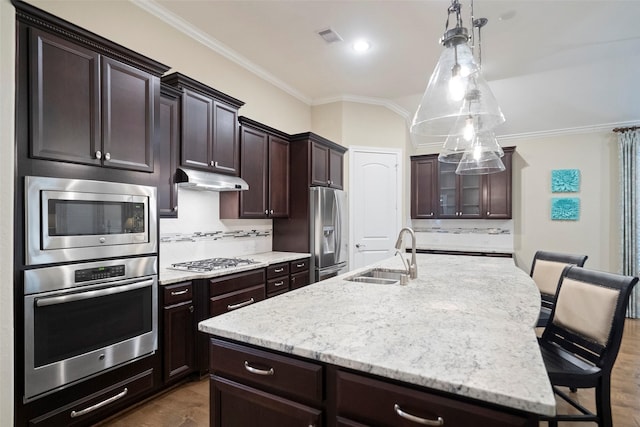 kitchen featuring pendant lighting, sink, crown molding, a kitchen island with sink, and stainless steel appliances