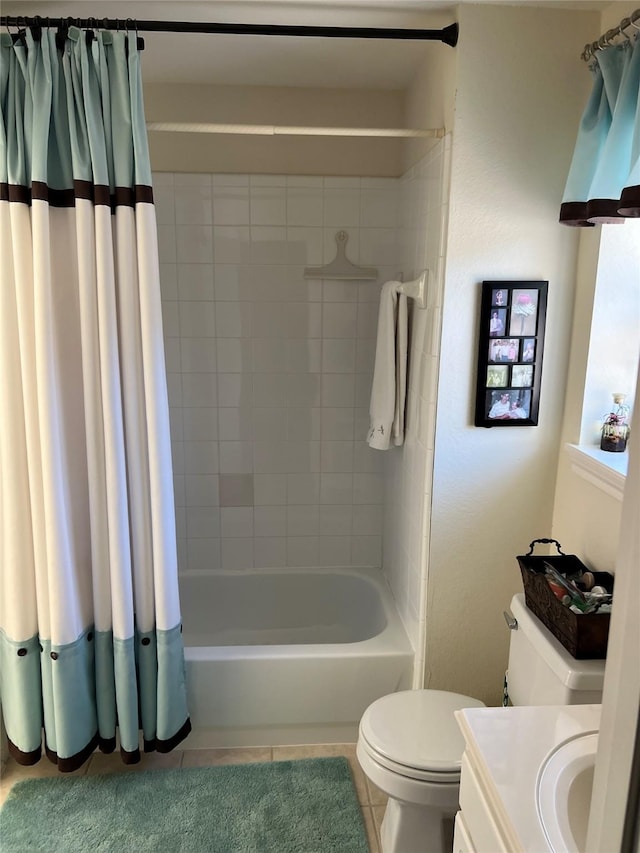 full bathroom with tile patterned flooring, vanity, shower / tub combo with curtain, and toilet