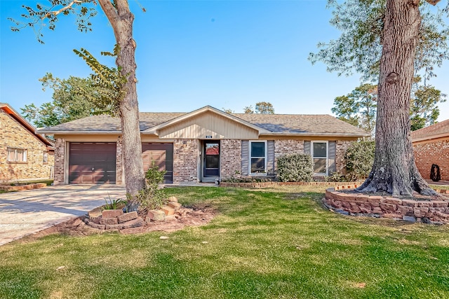 single story home featuring a garage and a front yard