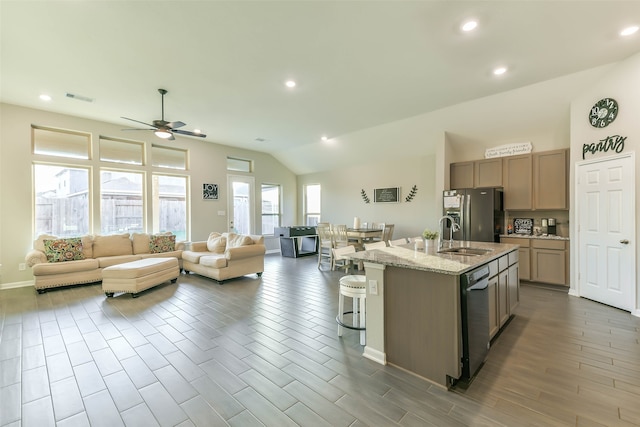 kitchen with a kitchen island with sink, vaulted ceiling, ceiling fan, appliances with stainless steel finishes, and light stone counters