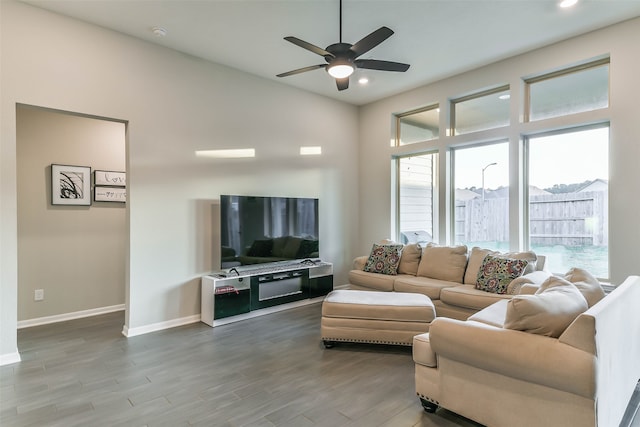 living room with ceiling fan and hardwood / wood-style floors