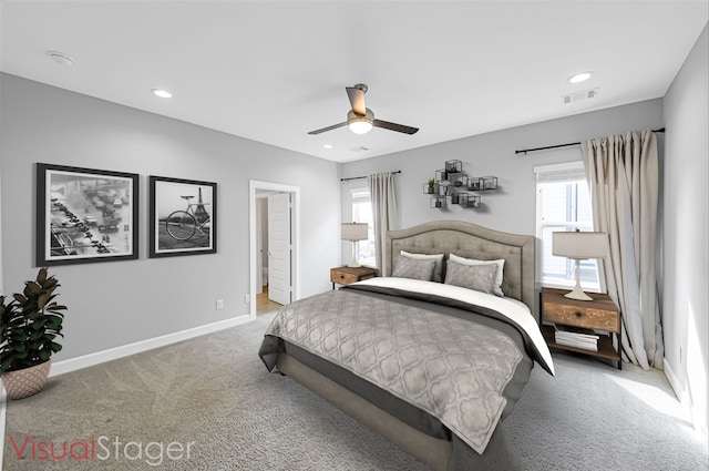 carpeted bedroom featuring ceiling fan