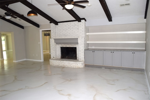 unfurnished living room featuring a brick fireplace, ceiling fan, vaulted ceiling with beams, and a textured ceiling