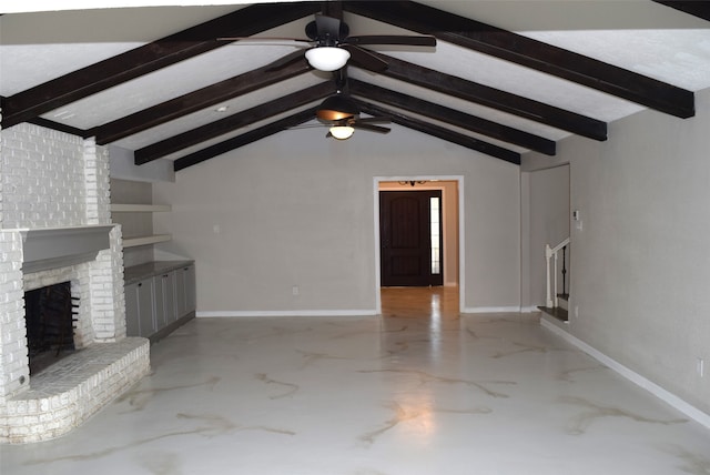 unfurnished living room featuring a brick fireplace, vaulted ceiling with beams, and ceiling fan