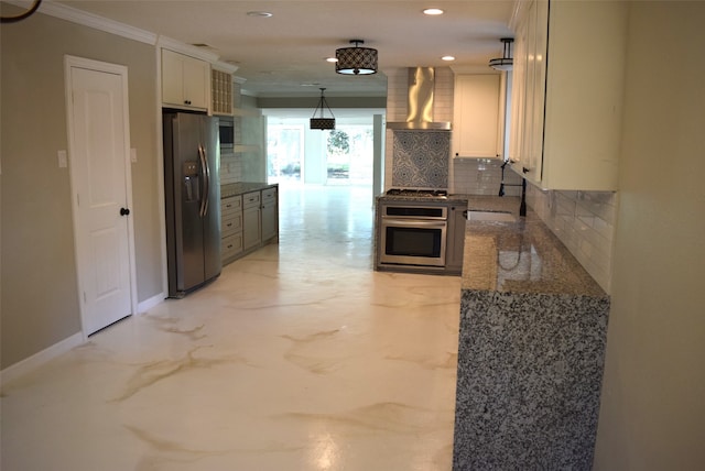 kitchen with wall chimney range hood, tasteful backsplash, crown molding, stainless steel appliances, and hanging light fixtures