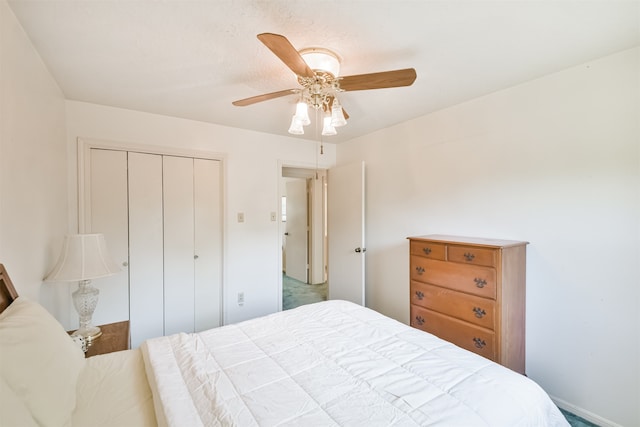 bedroom with ceiling fan and a closet