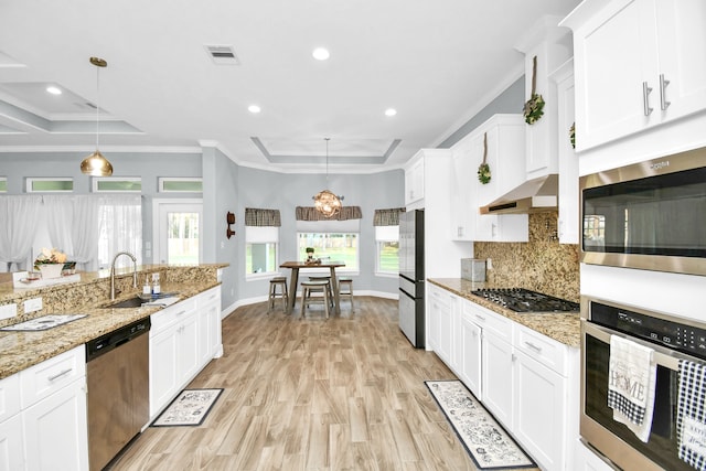 kitchen featuring stainless steel appliances, sink, a tray ceiling, white cabinetry, and hanging light fixtures