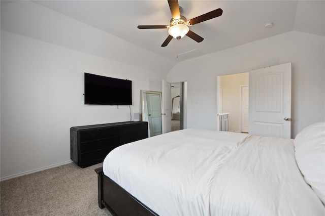 carpeted bedroom featuring ceiling fan and lofted ceiling