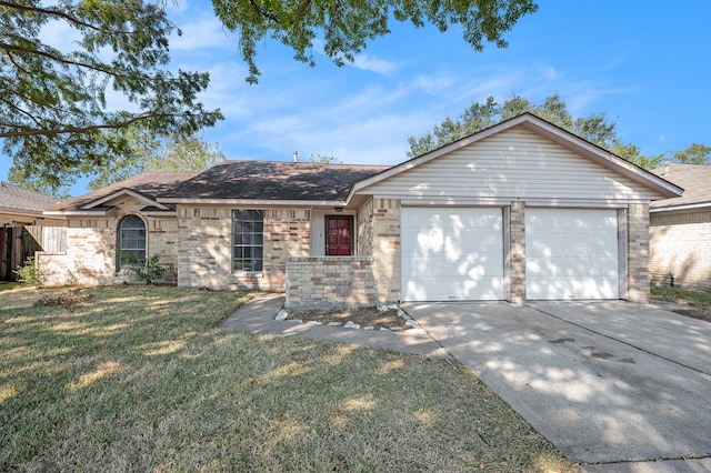 ranch-style home with a front lawn and a garage