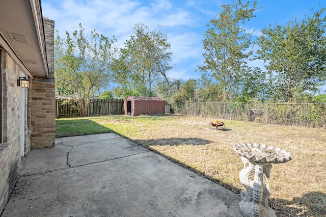 view of yard featuring a patio and a storage unit