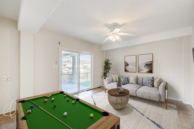 recreation room with ceiling fan