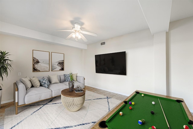 recreation room with ceiling fan and billiards