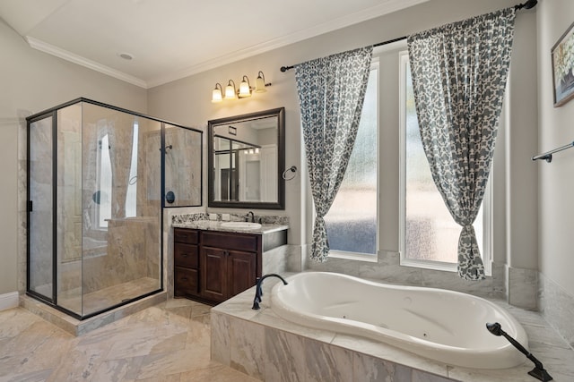 bathroom with vanity, ornamental molding, and plus walk in shower