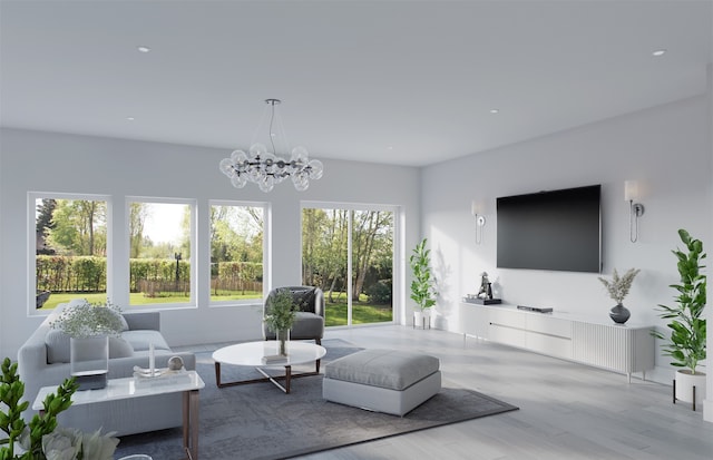 living room with a notable chandelier and light wood-type flooring