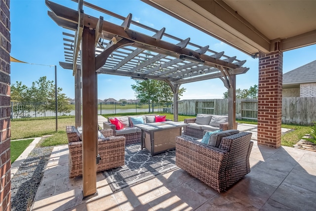 view of patio / terrace featuring an outdoor living space and a pergola