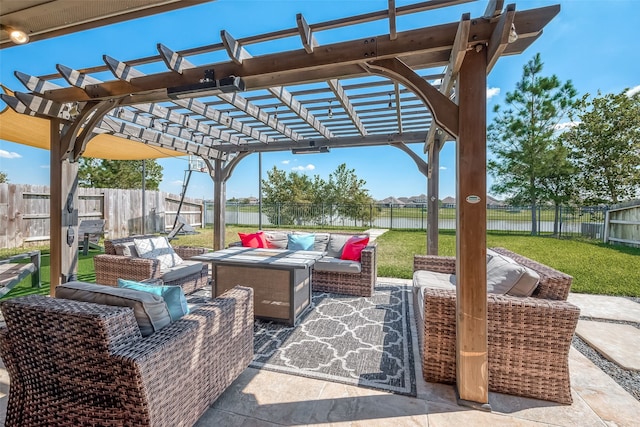 view of patio featuring an outdoor living space, a pergola, and a water view