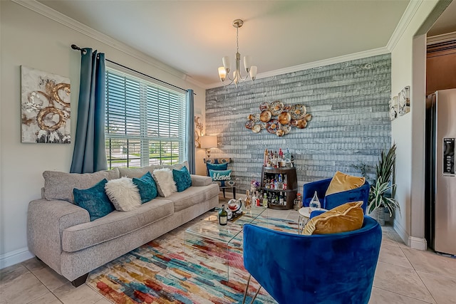 tiled living room featuring an inviting chandelier and ornamental molding