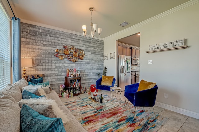 tiled living room featuring crown molding and a chandelier