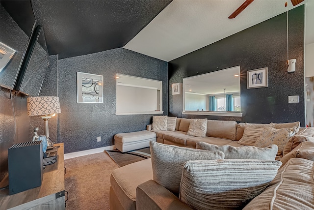 carpeted living room featuring vaulted ceiling