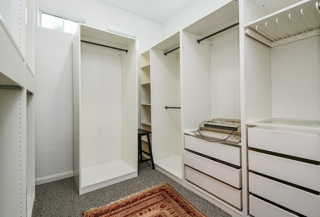 spacious closet featuring dark colored carpet