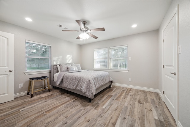 bedroom featuring ceiling fan and light wood-type flooring