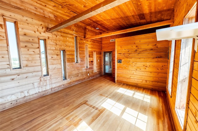 spare room with beamed ceiling, wood walls, wooden ceiling, and light hardwood / wood-style floors