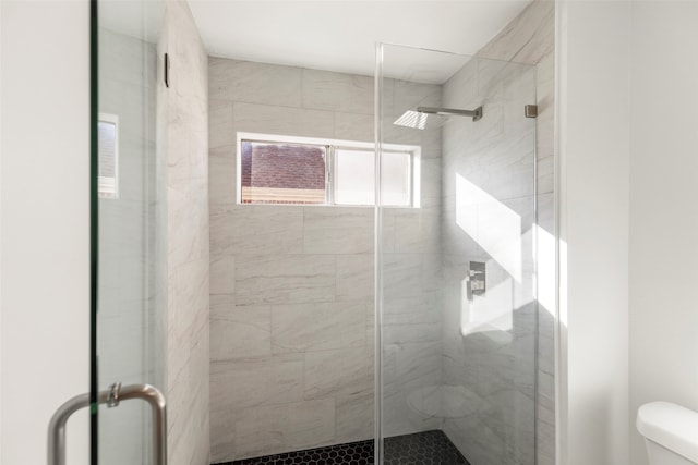 bathroom with toilet and a shower with shower door