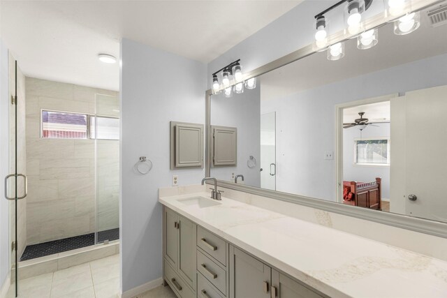 bathroom with tile patterned flooring, vanity, plenty of natural light, and an enclosed shower