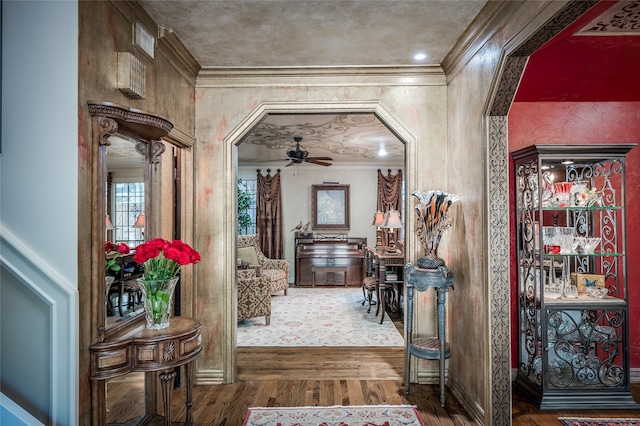 corridor with crown molding and dark wood-type flooring